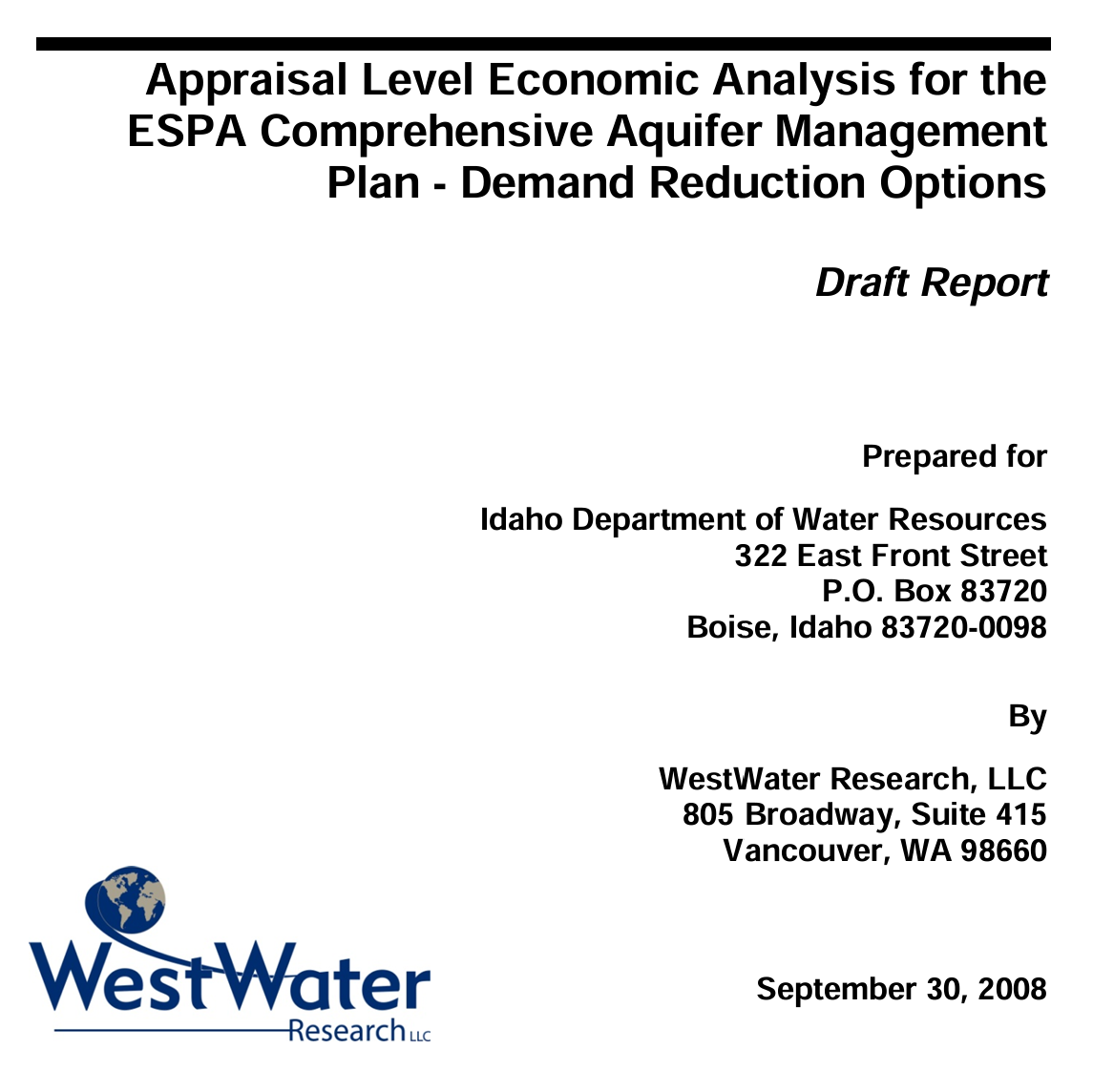 Appraisal Level Economic Analysis for the  ESPA Comprehensive Aquifer Management  Plan