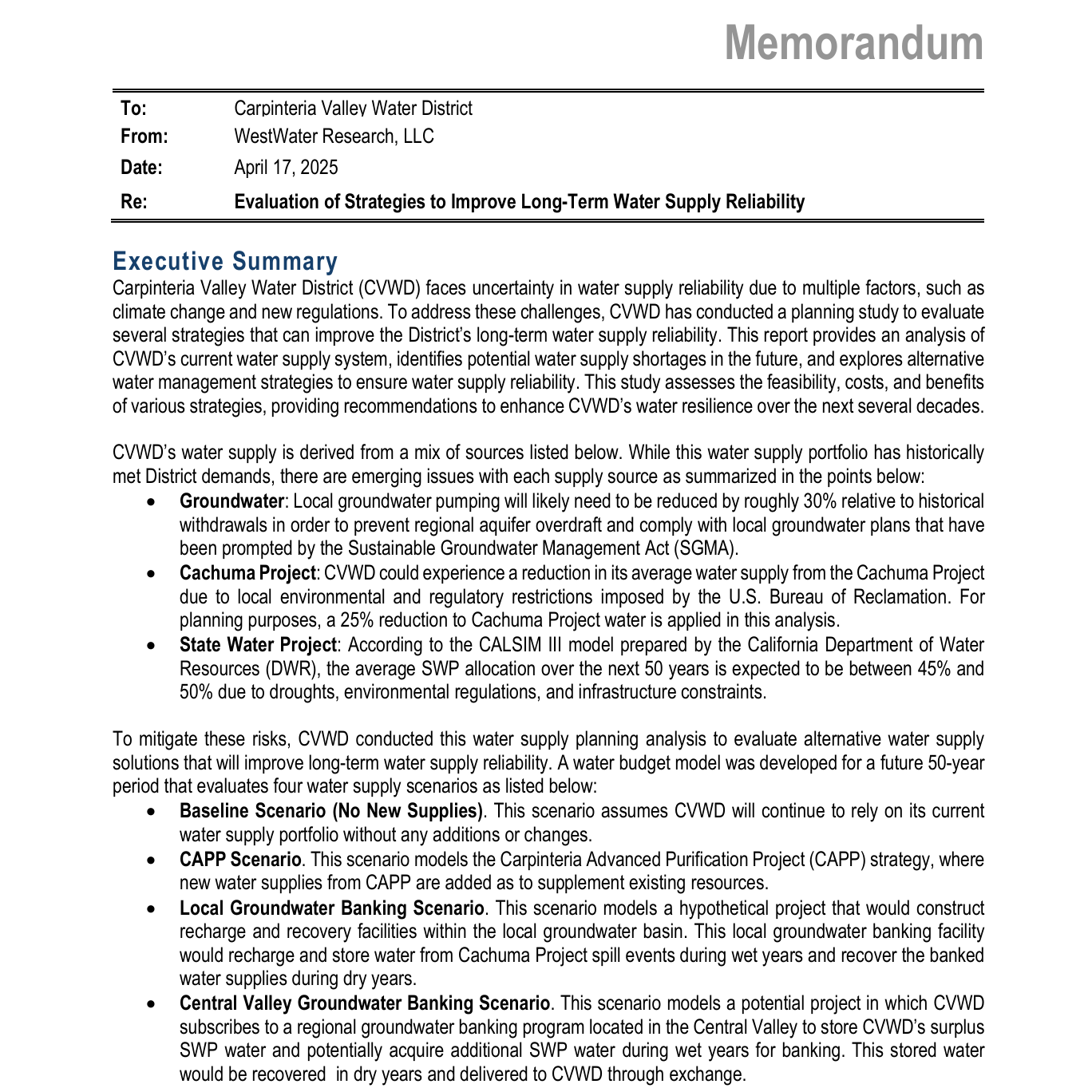 Evaluation of Strategies to Improve Long-Term Water Supply Reliability 