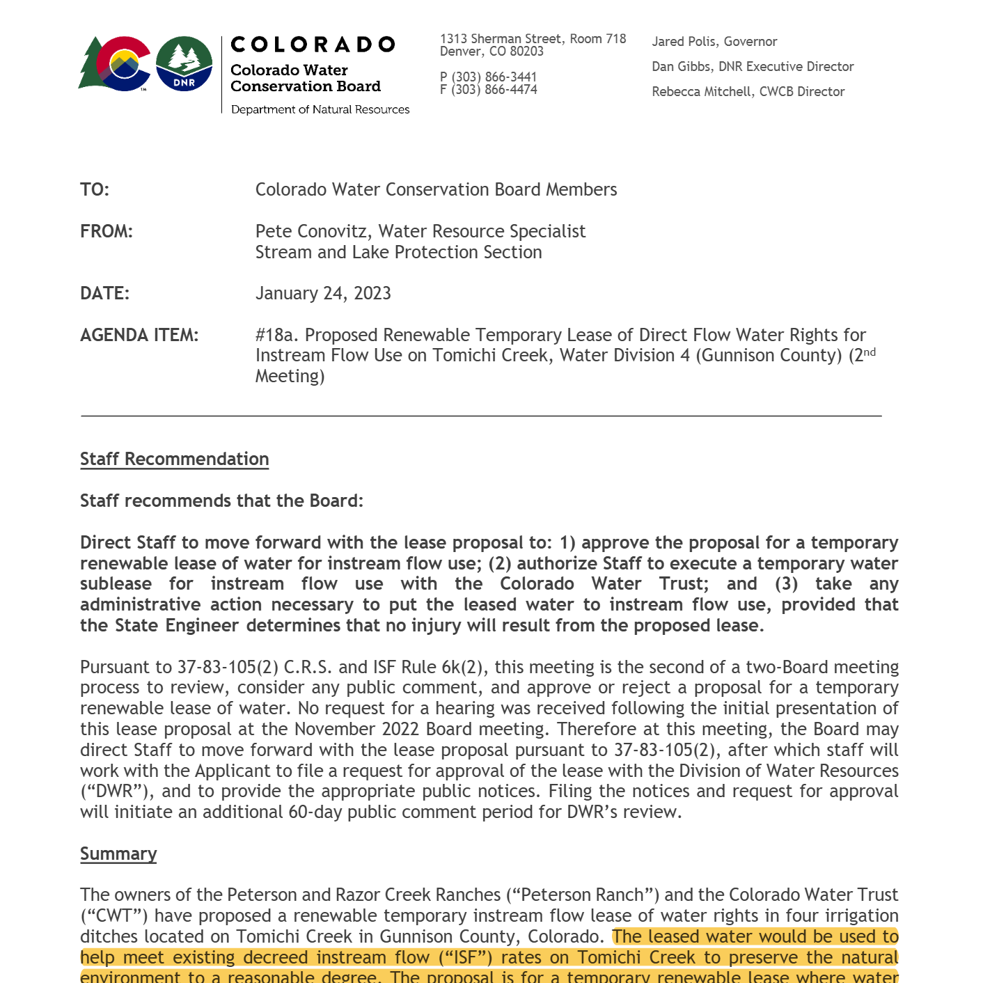 Proposed Renewable Temporary Lease of Direct Flow Water Rights forInstream Flow Use on Tomichi Creek